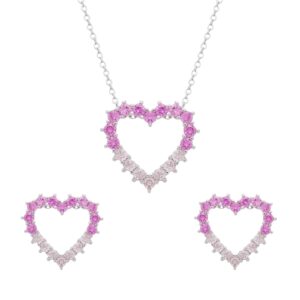 Conjunto Prateado de Coração Vazado Cravejado de Zircônia Rosa Dois Tons